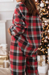 Plaid Long Sleeve Top and Pants Lounge Set OutfitFlow